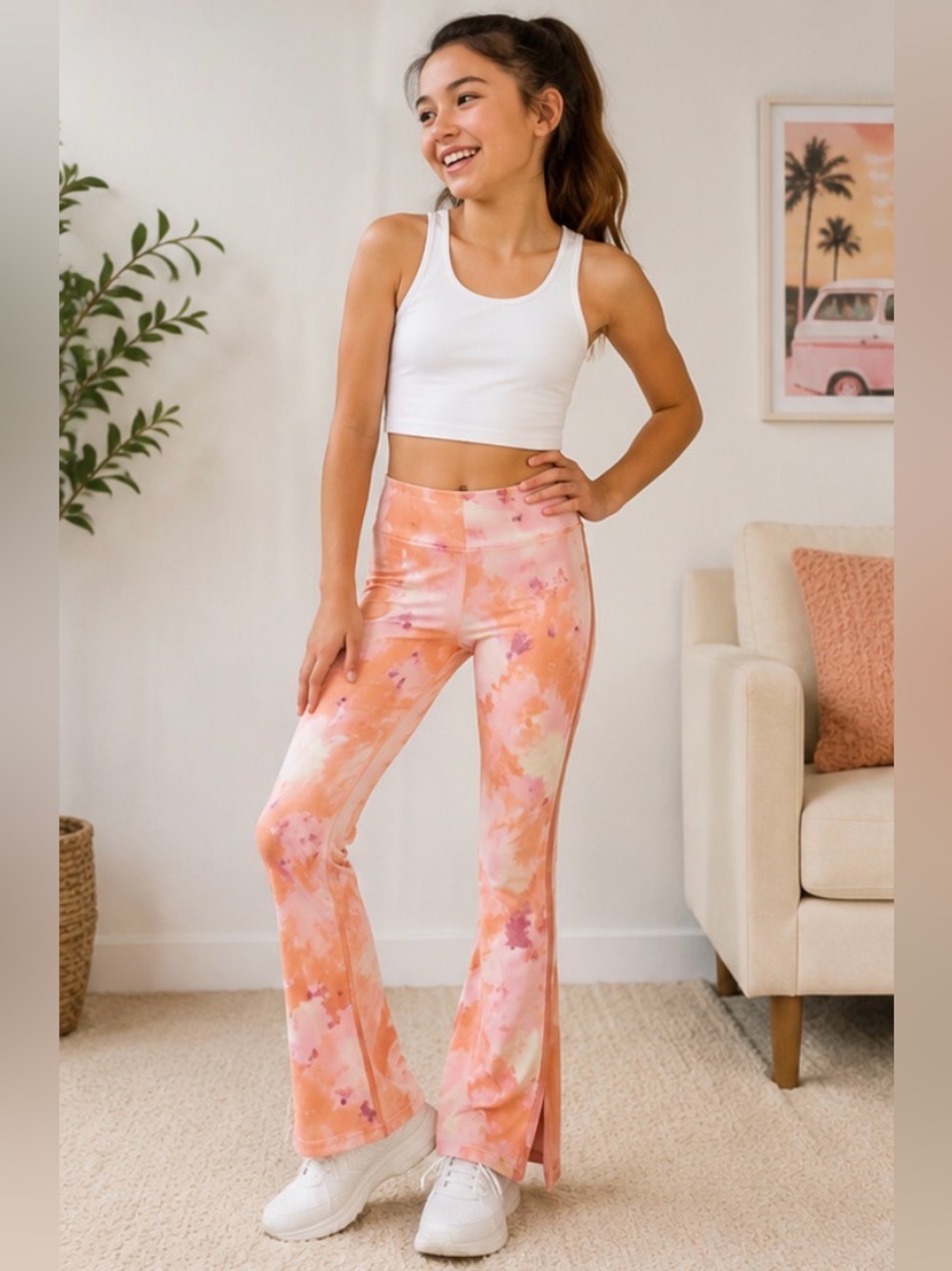 449 Adidas Girls XL Tie Dye Flare Leggings Pink Orange Split Hem NWT Trendy
